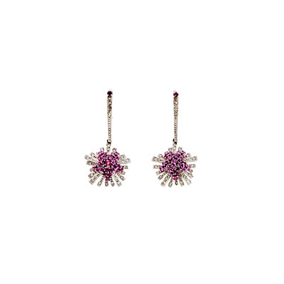 Lot 1270 - Pair of White Gold, Ruby and Diamond Pendant-Earrings
