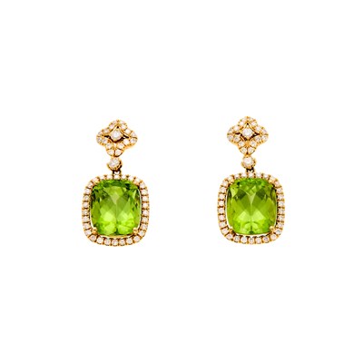 Lot 1280 - Kiki McDonough Pair of Gold, Peridot and Diamond Pendant-Earrings