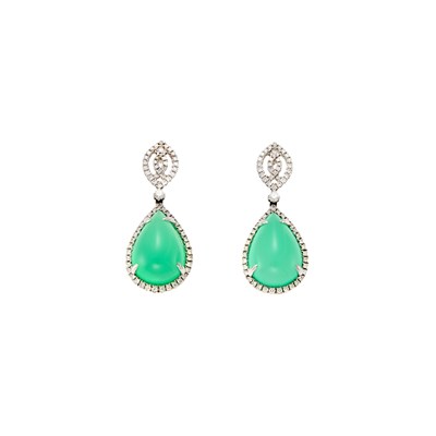 Lot 1281 - Kiki McDonough Pair of White Gold, Chrysoprase and Diamond Pendant-Earrings