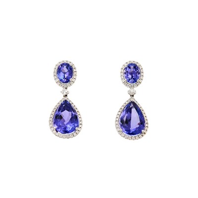 Lot 1282 - Kiki McDonough Pair of White Gold, Tanzanite and Diamond Pendant-Earrings