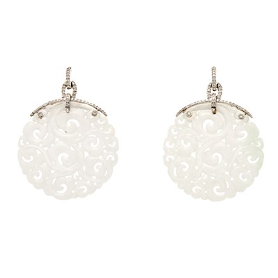 Lot 1284 - Pair of White Gold, Carved White Jade and Diamond Pendant-Earrings