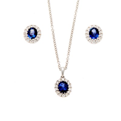 Lot 1265 - White Gold, Sapphire and Diamond Pendant with Chain Necklace and Pair of Earrings