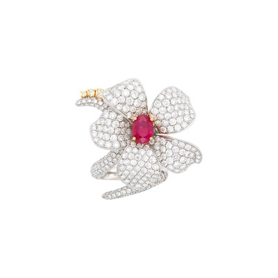 Lot 63 - Two-Color Gold, Ruby and Diamond Flower Ring