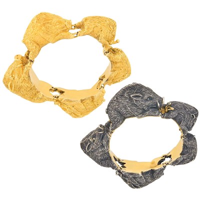 Lot 26 - Pair of Gold and Silver and Gold Wild Boar Link Bracelets