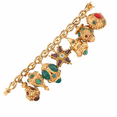 Lot 104 - Gold, Gem Set and Hardstone Charm Bracelet
