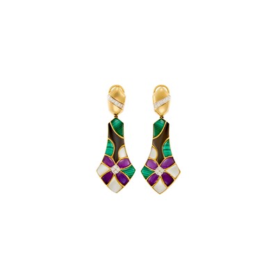Lot 1012 - Pair of Gold, Black Onyx, Malachite, Mother-of-Pearl, Amethyst and Diamond Pendant-Earrings