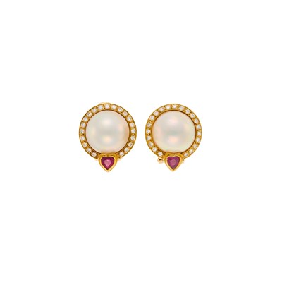 Lot 1031 - Pair of Gold, Mabé Pearl, Ruby and Diamond Earrings