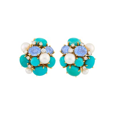 Lot 141 - Seaman Schepps Pair of Gold, Turquoise, Sapphire, Diamond and Cultured Pearl 'Bubble' Earrings