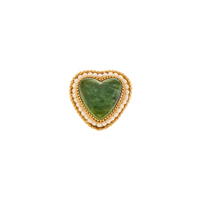 Lot 1113 - Gold, Nephrite and Cultured Pearl Heart Pendant-Brooch