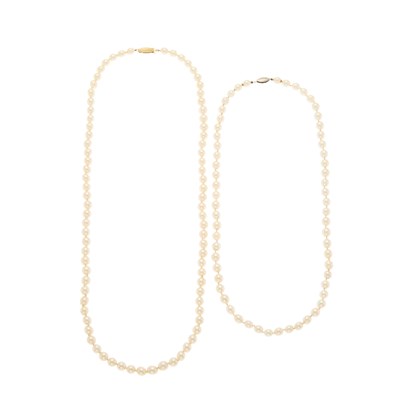 Lot 1079 - Two Cultured Pearl Necklaces with Gold and White Gold Clasps