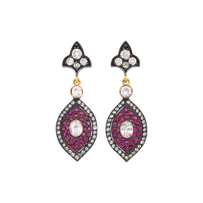 Lot 40 - Pair of Gold, Oxidized Silver, Diamond and Ruby Pendant-Earrings