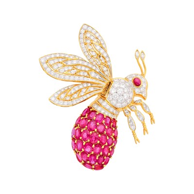 Lot 75 - Two-Color Gold, Ruby and Diamond 'En Tremblant' Bee Brooch