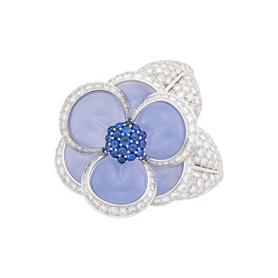 Lot Van Cleef & Arpels, Platinum, Blue Chalcedony, Sapphire and Diamond 'Gardenia' Flower Clip-Brooch