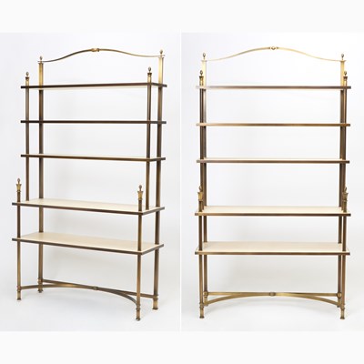 Lot 201 - Pair of French Patinated Metal and Parchment Etageres