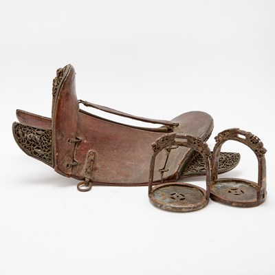 Lot 311 - A Tibetan Leather-Clad Wood and Iron Saddle