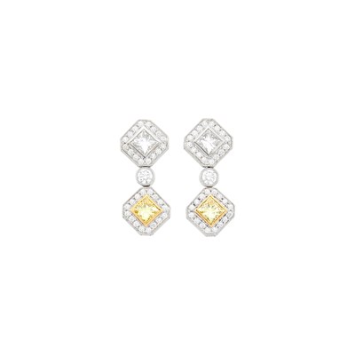 Lot 57 - Pair of Platinum, Gold, Fancy Intense Yellow Diamond and Diamond Pendant-Earrings