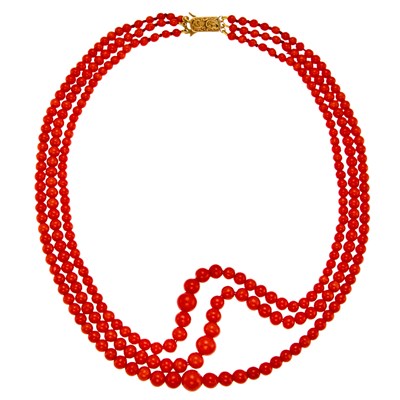 Lot 1117 - Triple Strand Coral Bead Necklace with Low Karat Gold Clasp