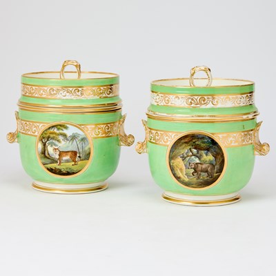 Lot 202 - Pair of Derby Porcelain Apple-Green Ground Ice Pails, Covers and Liners