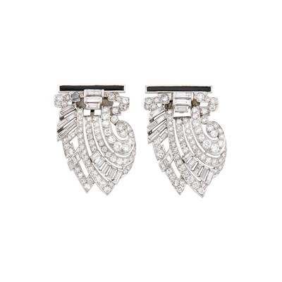 Lot 72 - Pair of Platinum, Diamond and Black Onyx Clips