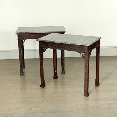 Lot 1067 - Pair of Chinese Chippendale Style Mahogany Marble Top Tables