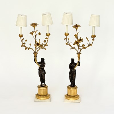 Lot 1065 - Pair of Empire Style Gilt-Bronze Two-Light Figural Candelabra
