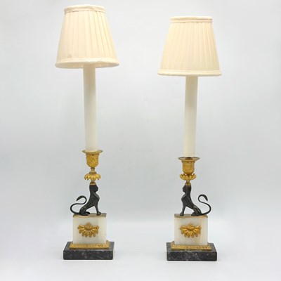 Lot 1066 - Pair of Empire Style Gilt and Ebonized Bronze and Marble Candlestick Lamps