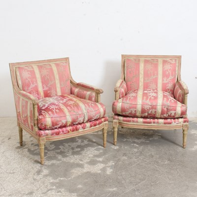 Lot 115 - Pair of Louis XVI Style Silk Upholstered Bergères