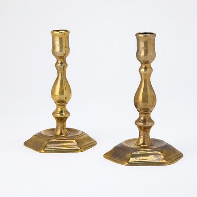 Lot 201 - Pair of Queen Anne Brass Candlesticks