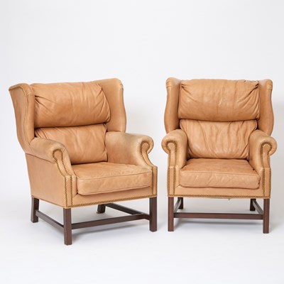 Lot 216 - Pair of George III Style Mahogany and Leather Upholstered Wing Chairs