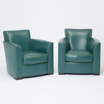 Lot 217 - Pair of Art Deco Style Teal Leather Club Chairs