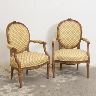 Lot 241 - Pair of Louis XV Style Upholstered Fruitwood Fauteuils