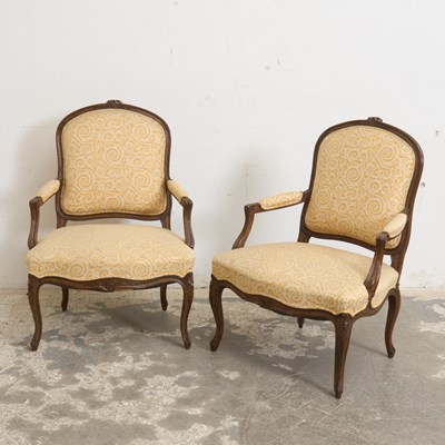 Lot 182 - Pair of Louis XV Style Upholstered Walnut Fauteuils