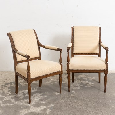 Lot 13 - Pair of Directoire Style Upholstered Fruitwood Fauteuils