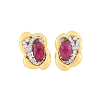 Lot 73 - Pair of Platinum, Cabochon Ruby and Diamond Earclips with Gold Jackets