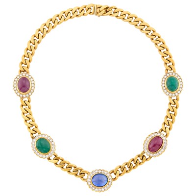 Lot 74 - Two-Color Gold, Cabochon Ruby, Emerald, Sapphire and Diamond Curb Link Chain Necklace