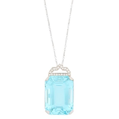 Lot 48 - White Gold, Aquamarine and Diamond Pendant with White Gold Chain Necklace