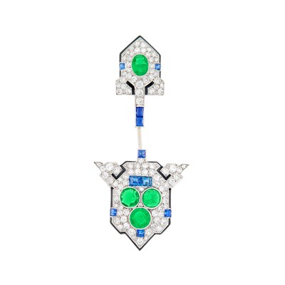 Lot 68 - Platinum, Emerald, Sapphire, Diamond and Black Enamel Jabot