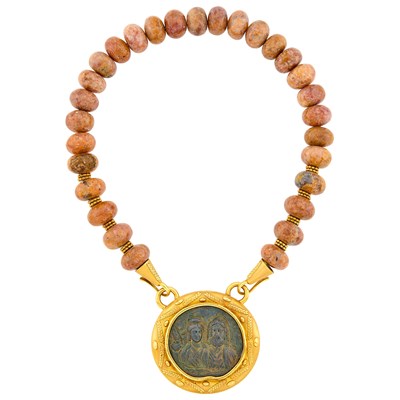 Lot 101 - Elizabeth Gage Agate Bead, Gold and Greek Bronze Coin Necklace