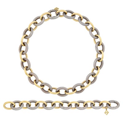 Lot 27 - David Yurman Long Silver and Gold 'Large Oval' Link Necklace/Bracelet Combination