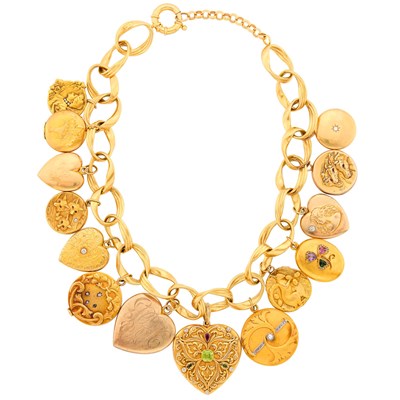 Lot 38 - Gold Link Necklace with Antique and Period Gold, Low Karat Gold, Diamond and Gem-Set Lockets
