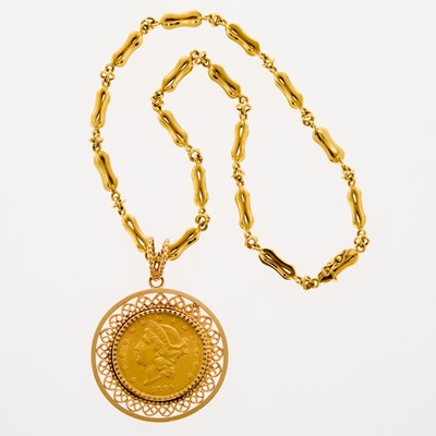 Lot 22 - United States. 1899 Liberty Head Double Eagle Pendant Necklace. About Uncirculated Details.