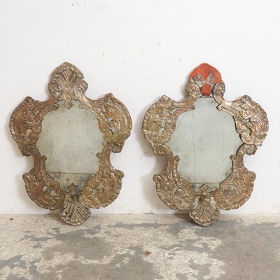 Lot 381 - Pair of Italian Embossed Silver Plate Clad Cartouche-Form Mirrors