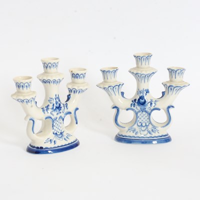 Lot 356 - Pair of Blue and White Ceramic Candelabras