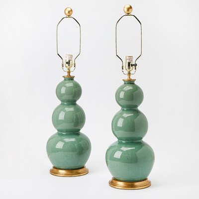Lot 225 - Pair of Celadon Triple Gourd Porcelain Green Table Lamps