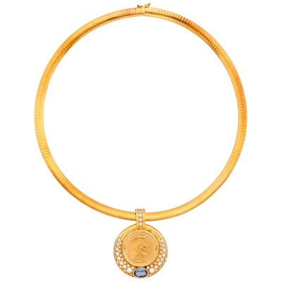 Lot 106 - Gold Omega Necklace with Gold Coin, Diamond and Sapphire Enhancer