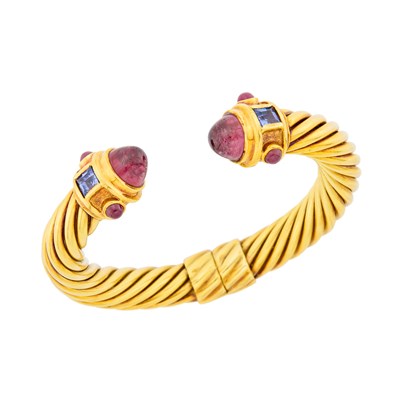 Lot 2 - David Yurman Fluted Gold, Cabochon Pink Tourmaline and Gem-Set Bangle Bracelet
