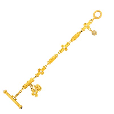 Lot 82 - Denise Roberge Gold, Diamond and Cabochon Amethyst Charm Bracelet with Toggle Clasp