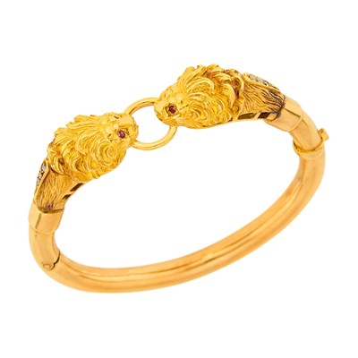 Lot 6 - Gold, Diamond and Ruby Double Lion's Head Bangle Bracelet
