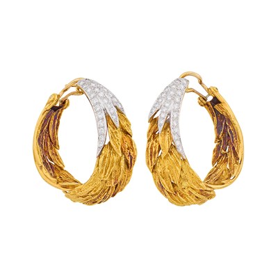 Lot 105 - Pair of Gold, Platinum and Diamond Leaf Hoop Earrings