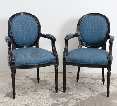 Lot 388 - Pair of Louis XVI Style Black Lacquered Armchairs